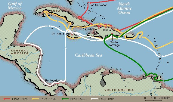 map of Columbus' voyages